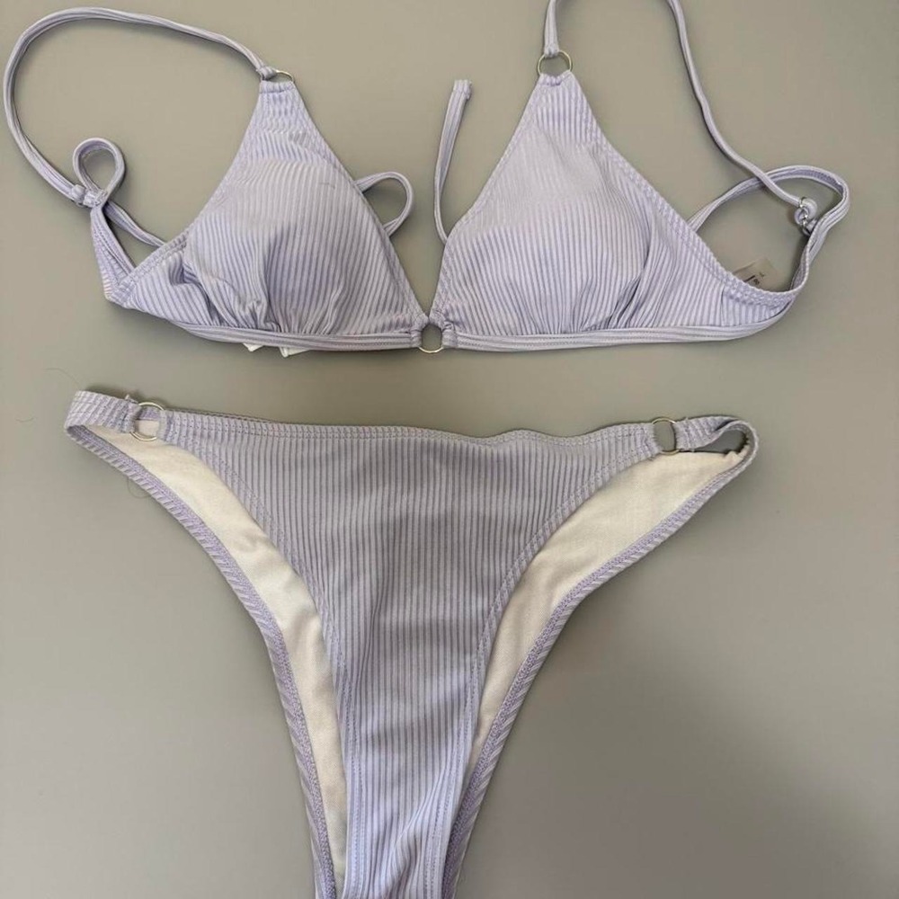 Purple & white striped‎ polyester & elastane bikini set in a L